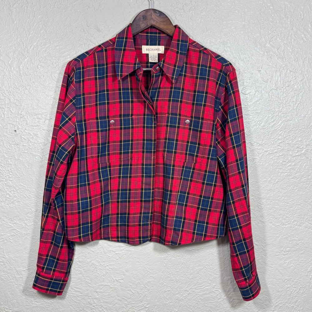 Bechamel Cropped Flannel Top Large Tartan Plaid Cotton Americana Heritage Street